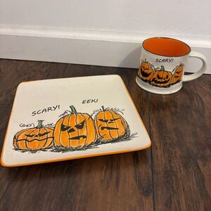 InHomeStylez Halloween Pumpkin Jack O Lantern Scary Eek Cookie Plate and Mug Set